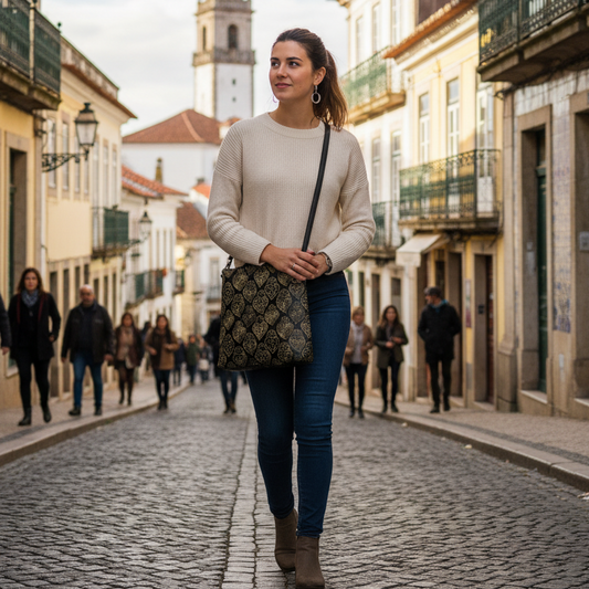 Woman walking down a cobblestone street in a European town with a clock tower in the background.