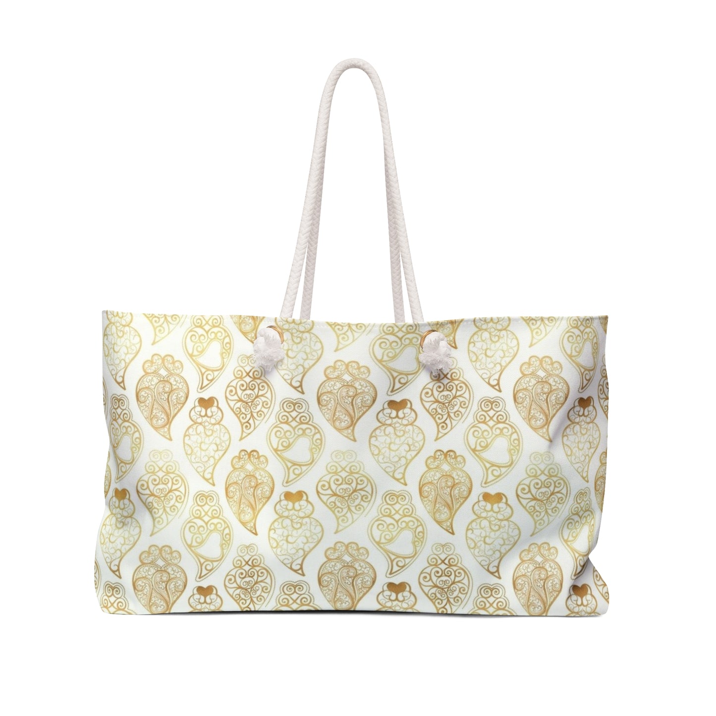 Tote bag with gold filigree heart pattern on a white background