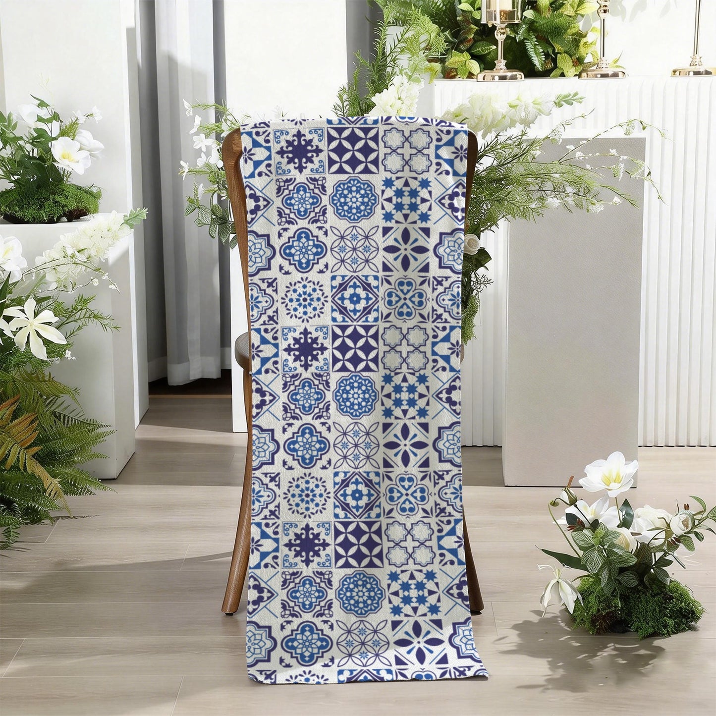 Azul Linen Tapestry Chair Cover (15x50") featuring Portuguese tile inspired azulejo patterns. Perfect for weddings, chair decor, table runners, and elegant event styling.