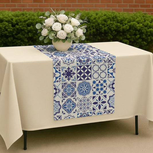 Azul Linen Tapestry Chair Cover (15x50") featuring Portuguese tile inspired azulejo patterns. Perfect for weddings, chair decor, table runners, and elegant event styling.