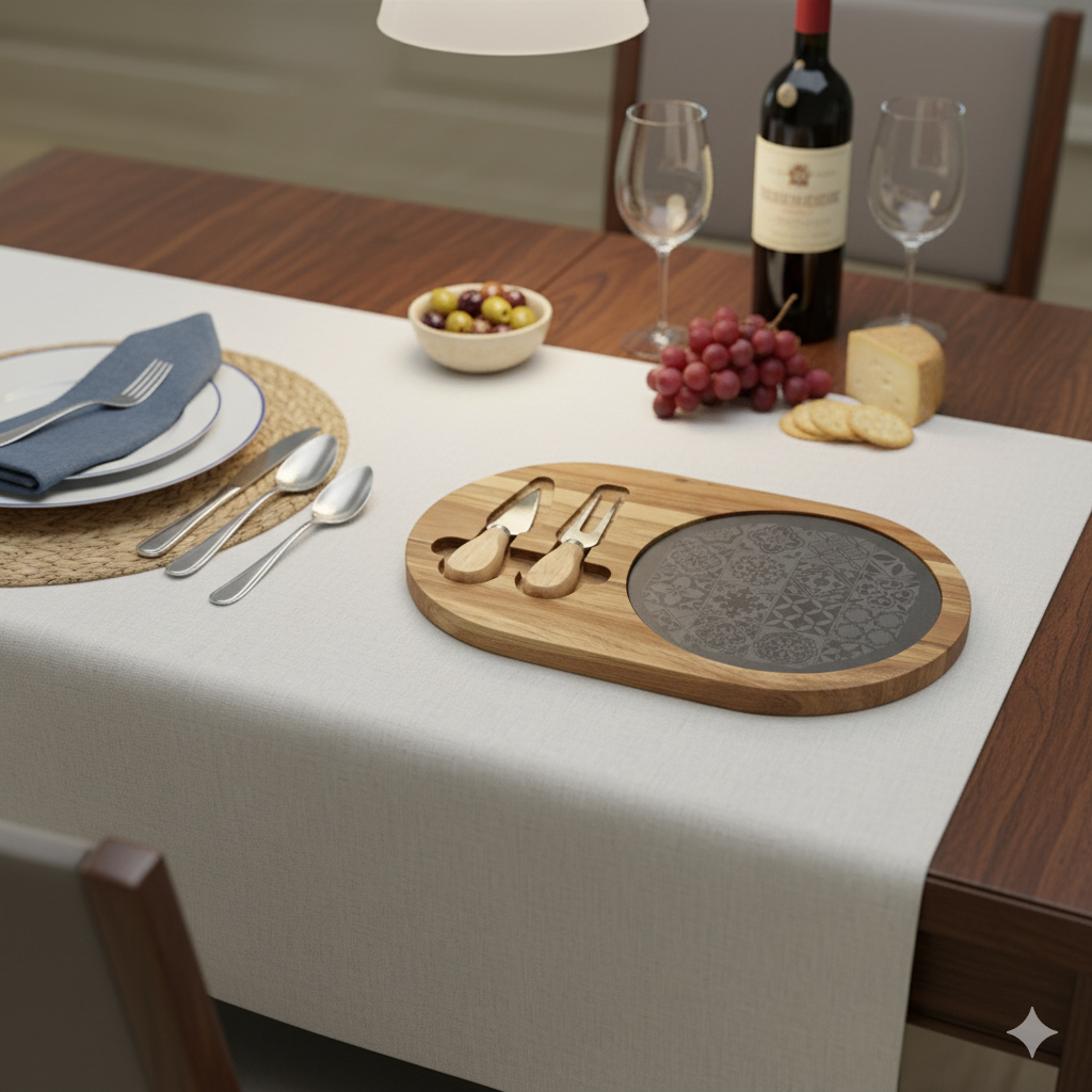 Dining table setup with a wooden cutting board, wine, and snacks on a white tablecloth.