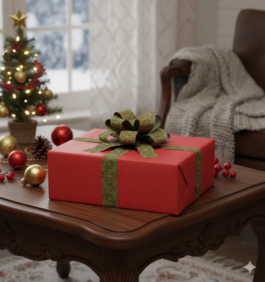 Red gift box with a green ribbon on a wooden table in a festive living room.
