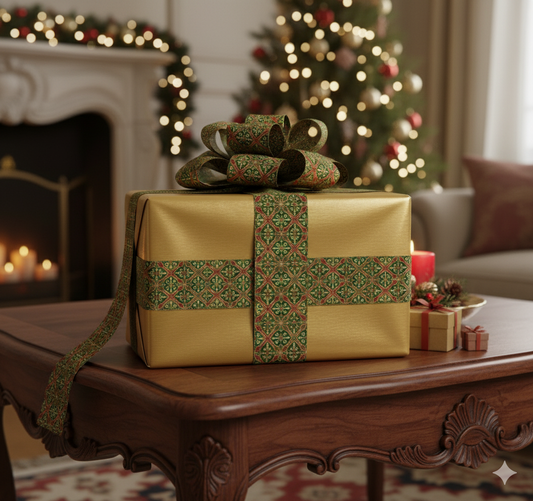 Gold gift box with decorative ribbon on a wooden table in a festive living room.