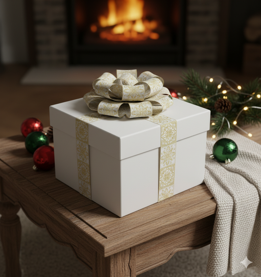 White gift box with a gold ribbon on a wooden table in front of a fireplace.