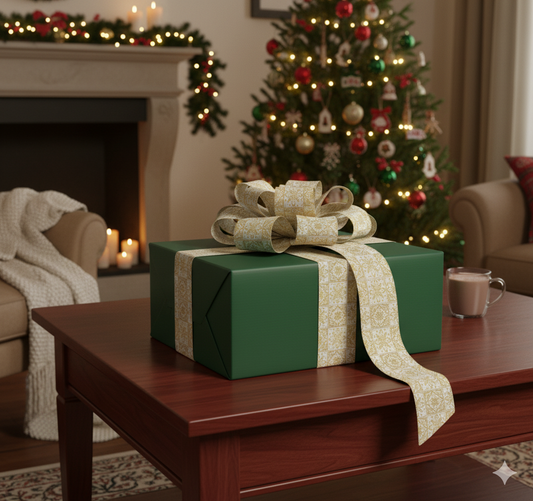 Green gift box with a decorative bow on a wooden coffee table in a festive living room.