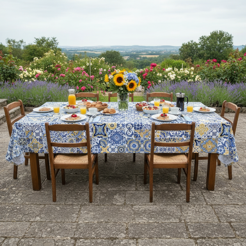 Dining table set for a meal with a floral tablecloth in a garden setting