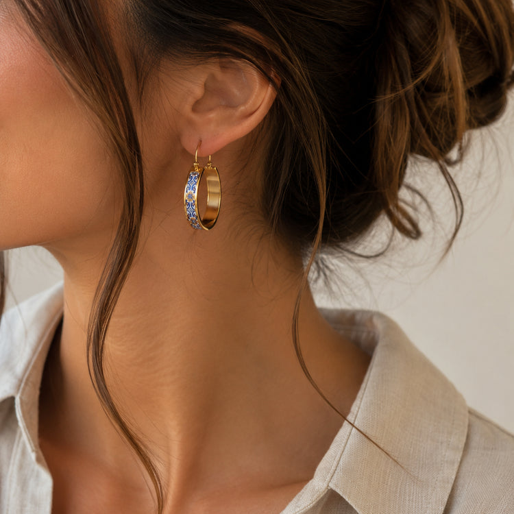 Blue & Yellow Portuguese Tile Hoop Earrings