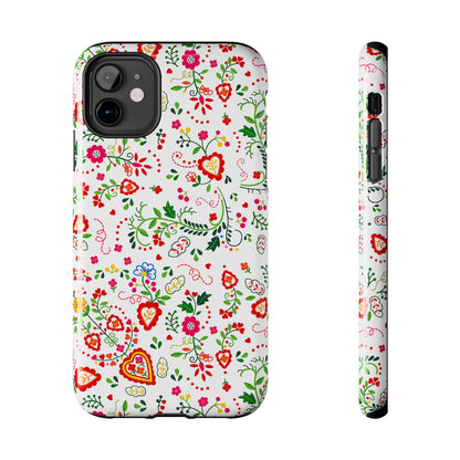 A phone case with a white background and a colorful folk-art style floral and heart pattern, shown from the back and side on a plain white background.