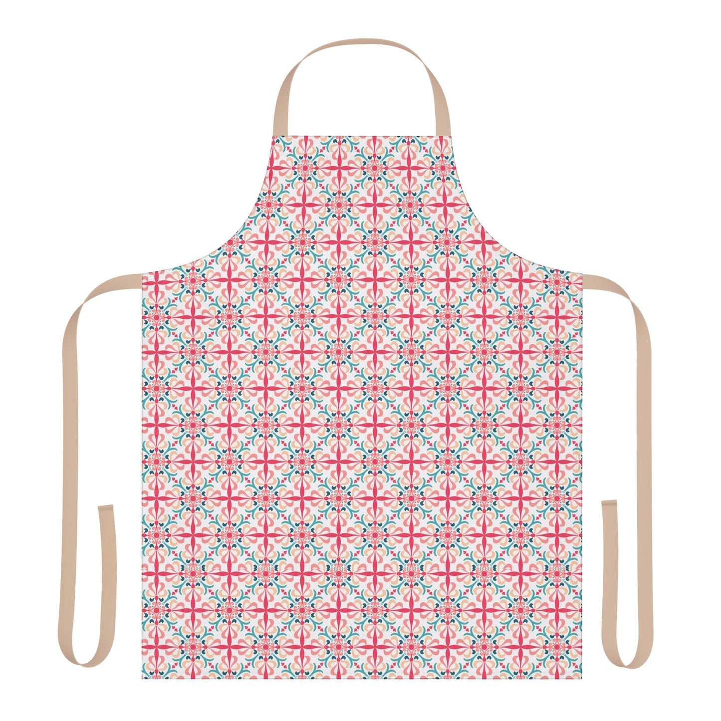 A person wearing a floral patterned apron in pink, green, and white colors standing in a kitchen setting.