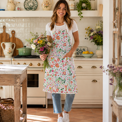 A woman stands in a bright, rustic kitchen wearing a white apron with a colorful floral and heart pattern. She is holding a bouquet of flowers and wearing light blue jeans and white sneakers.