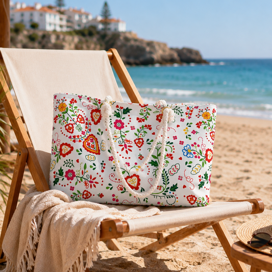 A white tote bag with a colorful floral and folk-art print sits on a beige beach chair at the beach, with ocean, sand, and a straw hat visible in the background.