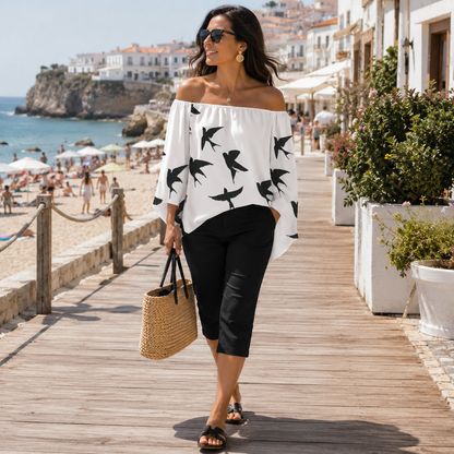 Andorinhas Off Shoulder Trumpet Sleeve Blouse