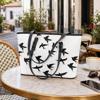 A white tote bag with black bird silhouettes and black shoulder straps, placed on a round marble cafe table with a blurred outdoor patio background.
