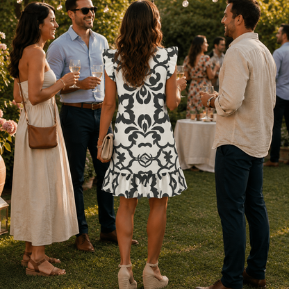 A group of four friends enjoying a sunny outdoor garden party, holding champagne glasses. The central woman is wearing a white dress with a black damask pattern, while the man on the right wears a light beige long-sleeve shirt and dark blue jeans.