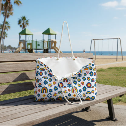 Colorful patterned bag on a park bench
