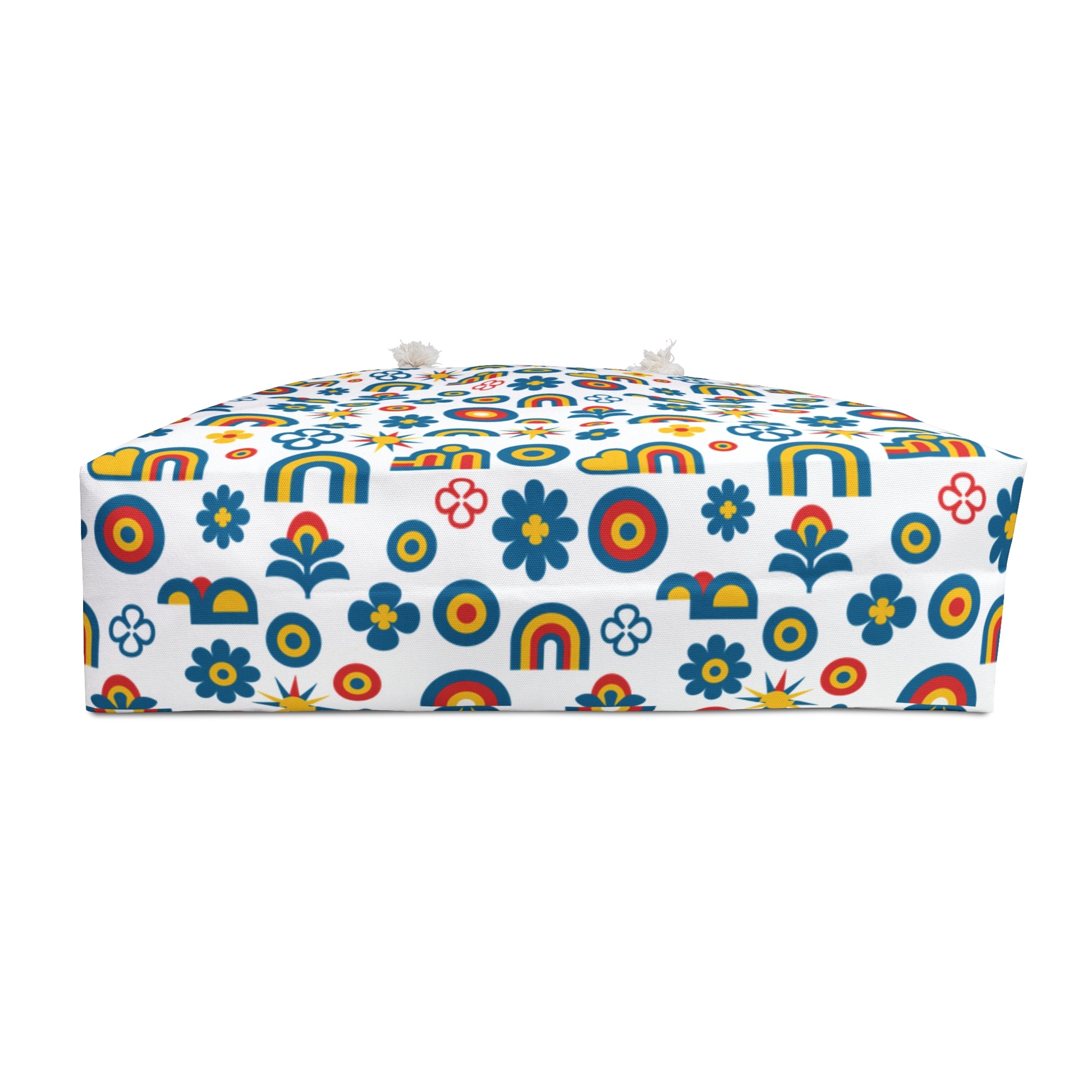 bottom of bag with a colorful pattern on a white background