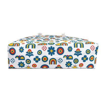 bottom of bag with a colorful pattern on a white background