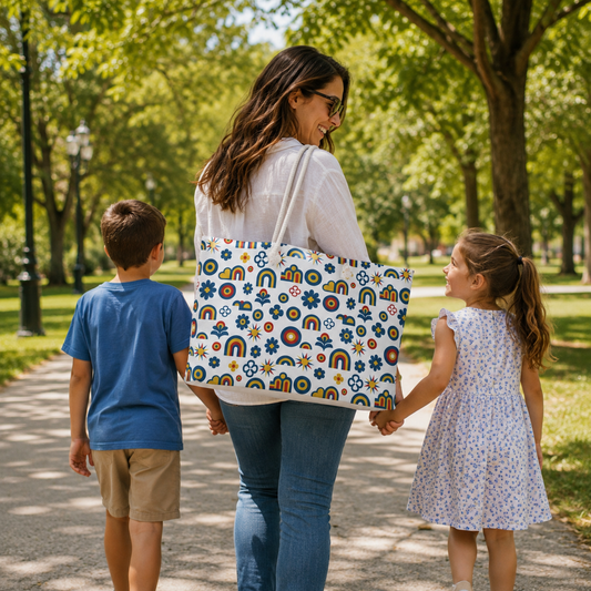 A woman carrying a large white tote bag with a colorful rainbow and flower pattern walks with a boy and a girl on a sunny park path.
