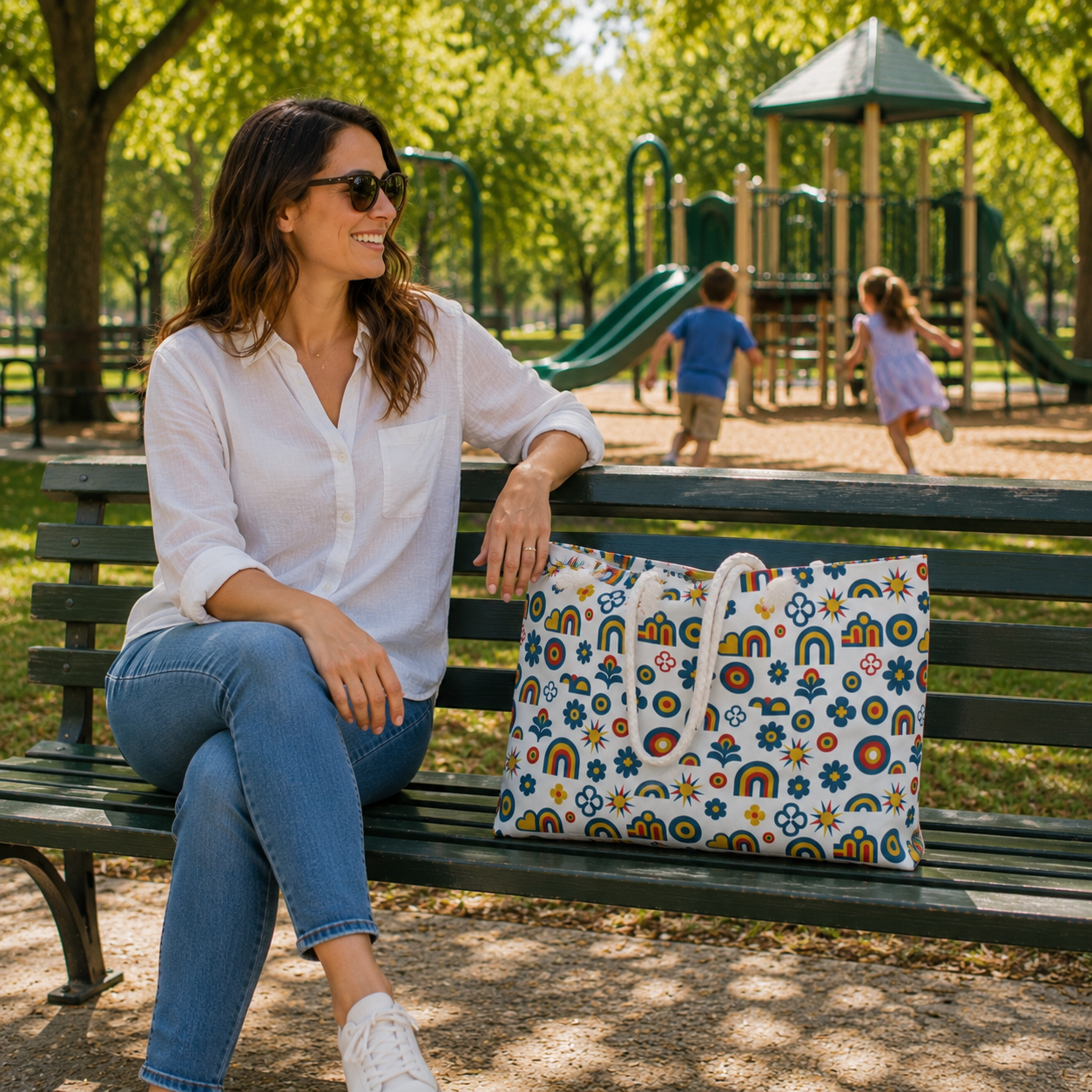 A woman sits on a park bench wearing a white button-up shirt and blue jeans, with a colorful patterned tote bag resting beside her. In the background, children play on a playground with green trees and a play structure.