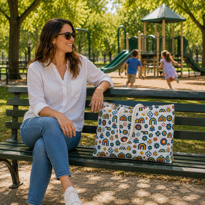 A woman sits on a park bench wearing a white button-up shirt and blue jeans, with a colorful patterned tote bag resting beside her. In the background, children play on a playground with green trees and a play structure.