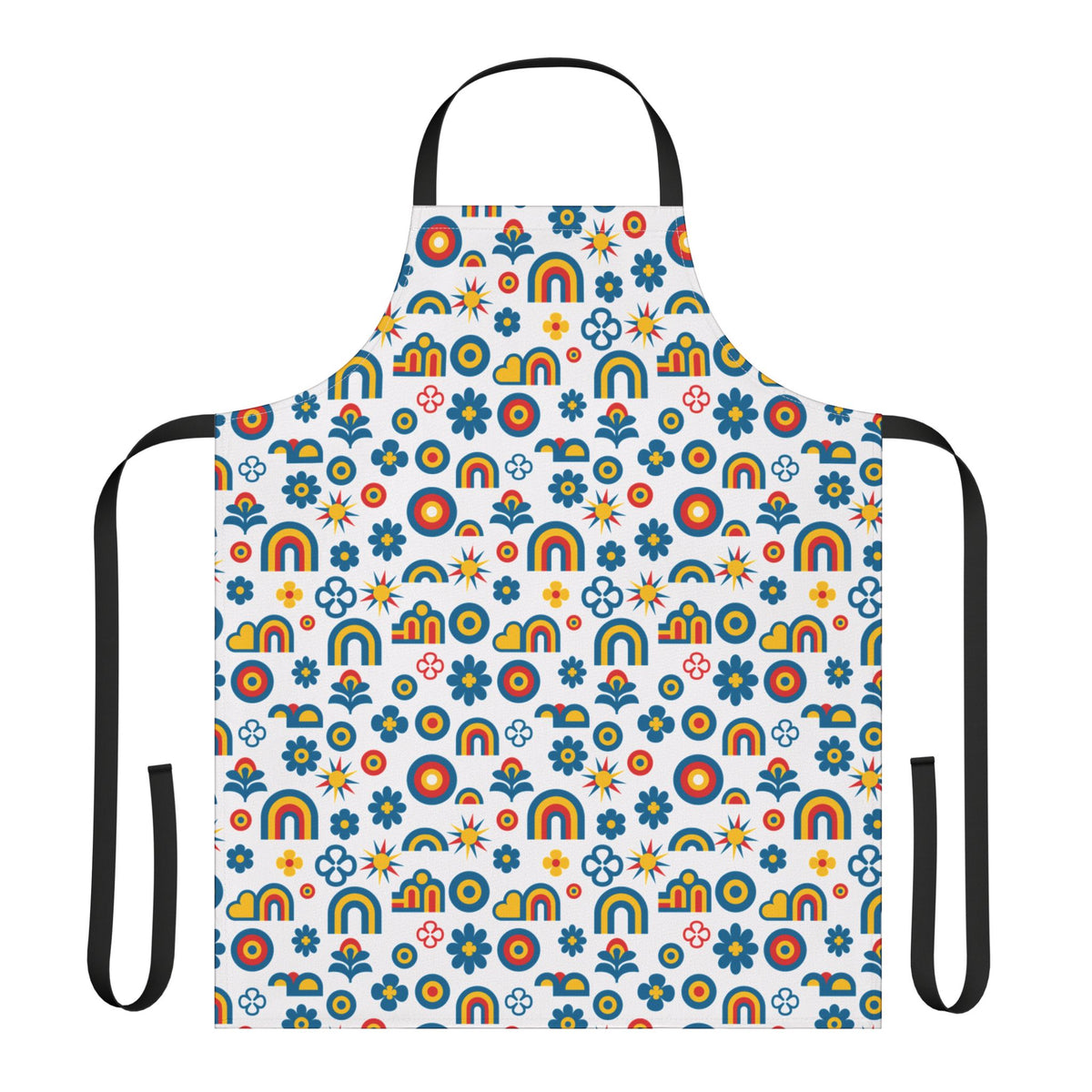 Colorful apron with rainbow and flower pattern on a white background
