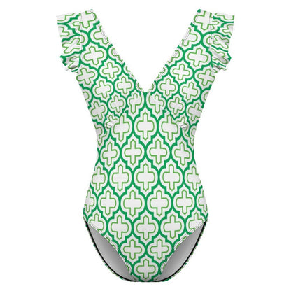 Custom Specialized Women's Ruffle Sleeve V-Neck One-Piece Swimsuit