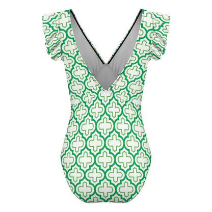 Custom Specialized Women's Ruffle Sleeve V-Neck One-Piece Swimsuit
