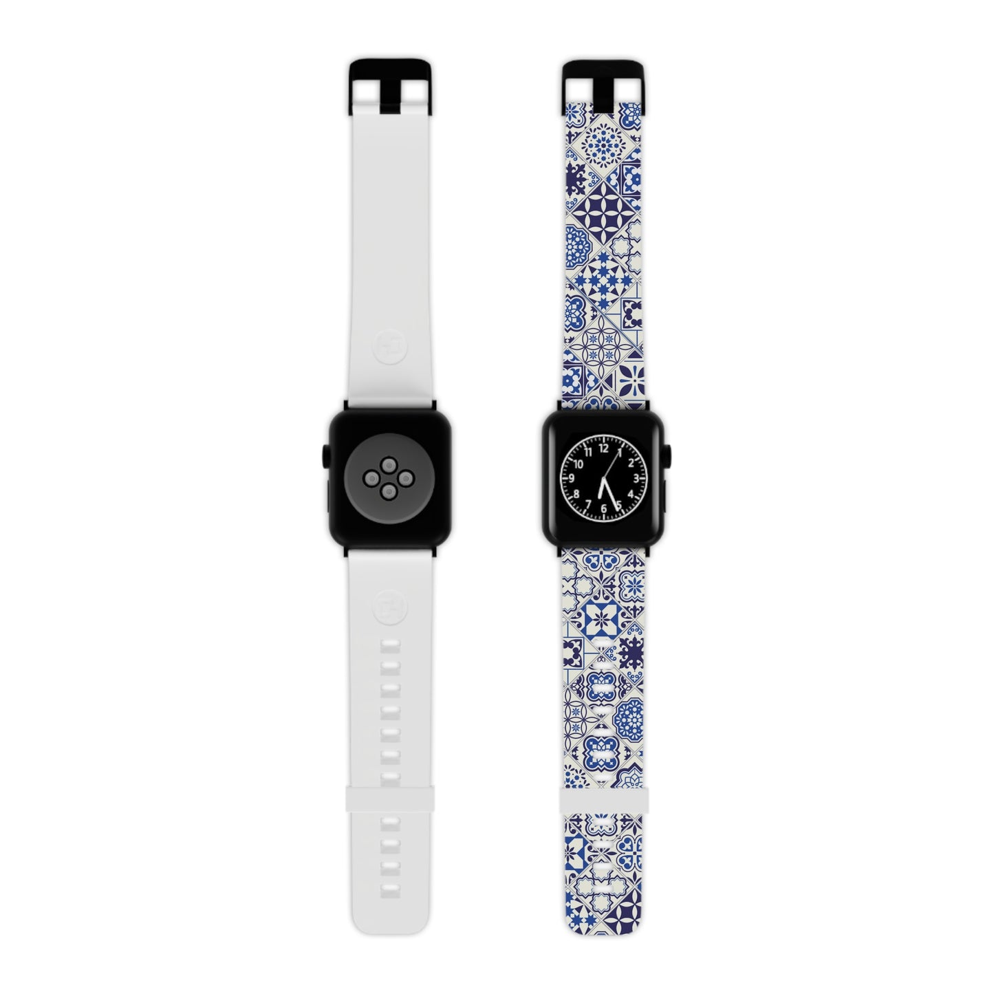 Two Apple Watch bands, one white and one with blue and white tile azulejo pattern, on a white background.