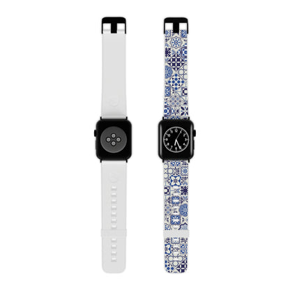 Two Apple Watch bands, one white and one with blue and white tile azulejo pattern, on a white background.