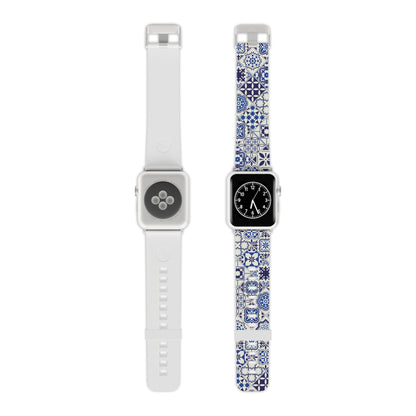 Two watch bands on a white background, one white and one with blue and white tile pattern.