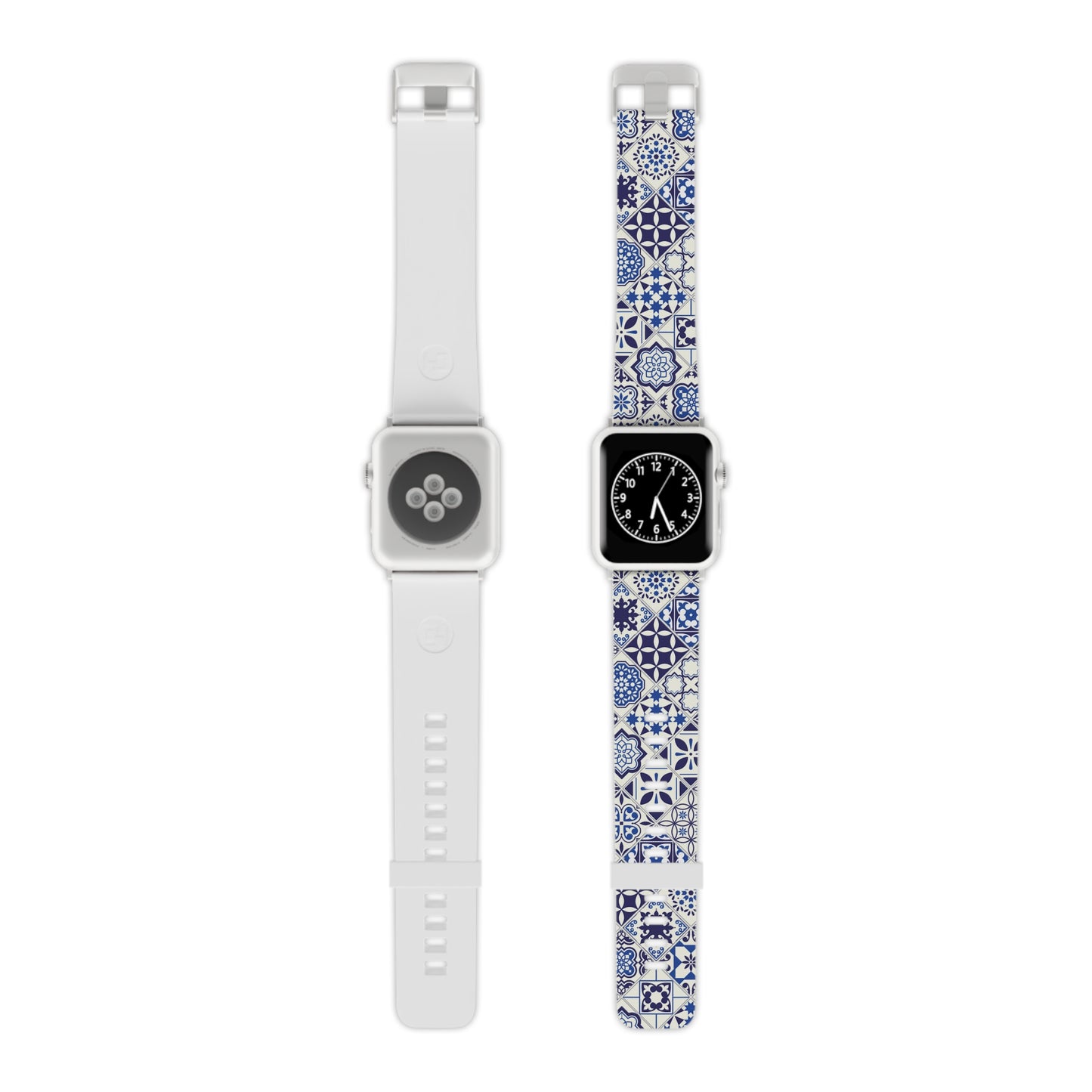 Two smartwatches with different patterned bands on a white background, one with blue and white tile pattern