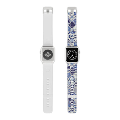 Two smartwatches with different patterned bands on a white background, one with blue and white tile pattern