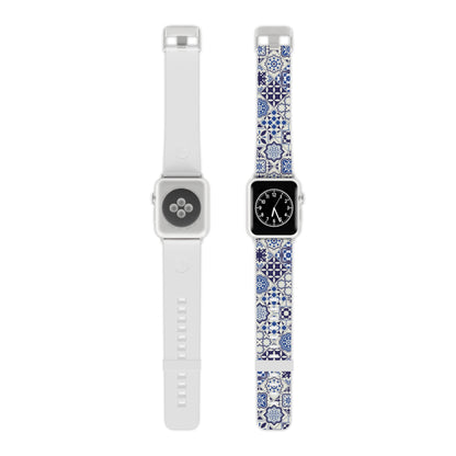 Two smartwatches with different blue and white tile patterned bands on a white background