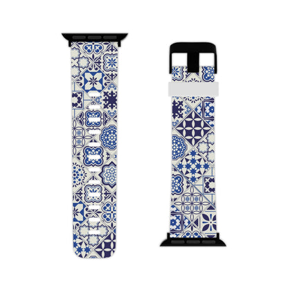 Blue and white tile patterned watch band and case on a white background