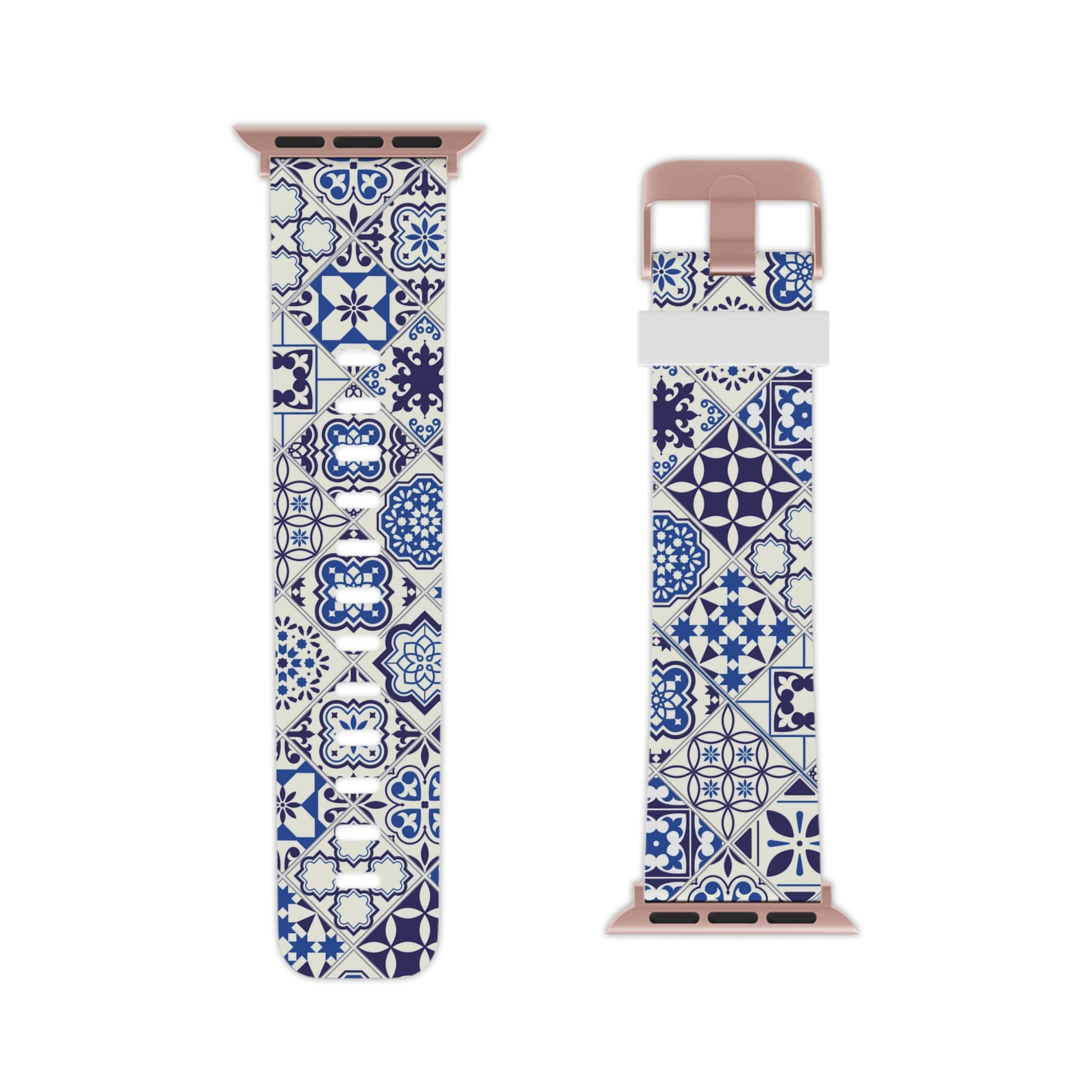 Blue and white tile patterned watch band on a white background