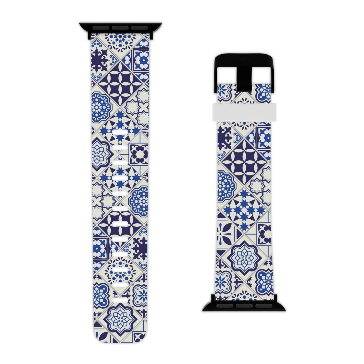 Watch band with blue and white azulejo pattern on a white background