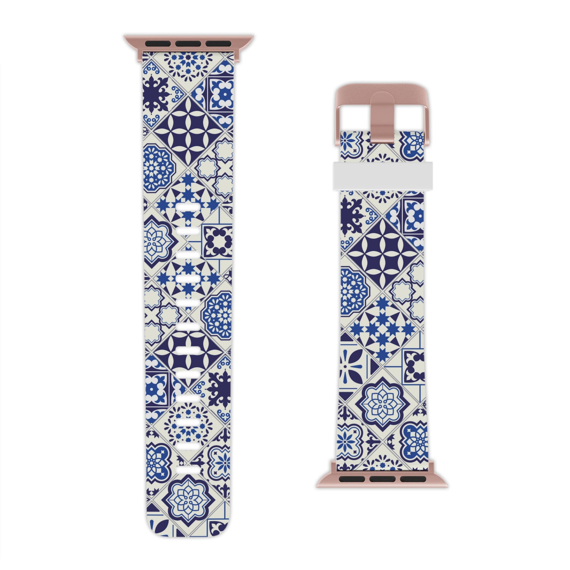Decorative watch strap with blue and white azulejo pattern on a white background