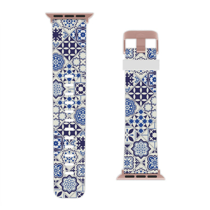 Decorative watch strap with blue and white azulejo pattern on a white background