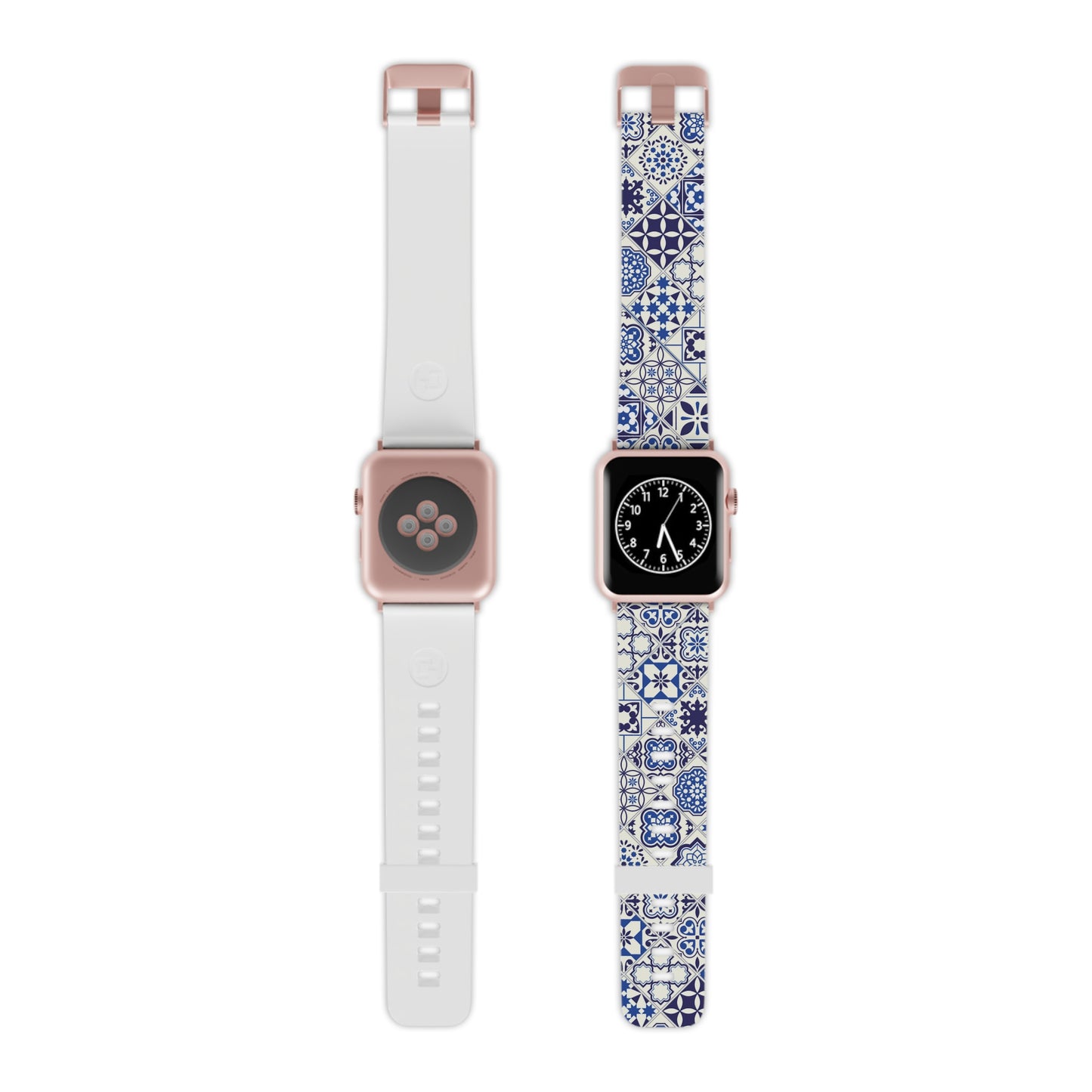 Back and front of a smartwatch, the back is all white and the front is with a blue and white portuguese tile pattern, azulejo