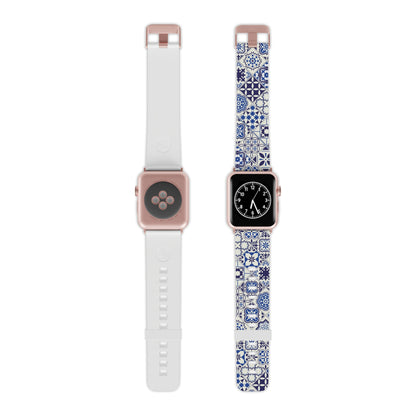 Back and front of a smartwatch, the back is all white and the front is with a blue and white portuguese tile pattern, azulejo