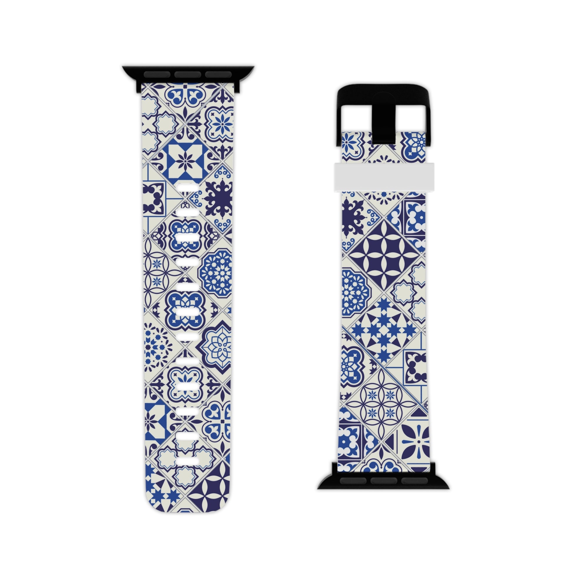 Blue and white azulejo patterned watch band and case on a white background