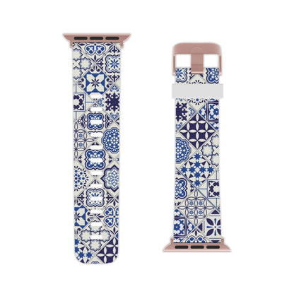 Blue and white azulejo patterned watch band on a white background