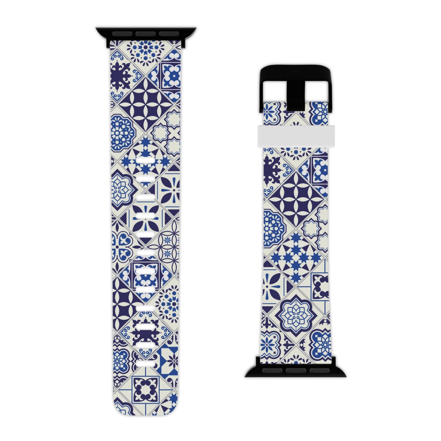 Patterned watch band with blue and white azulejo design on a white background
