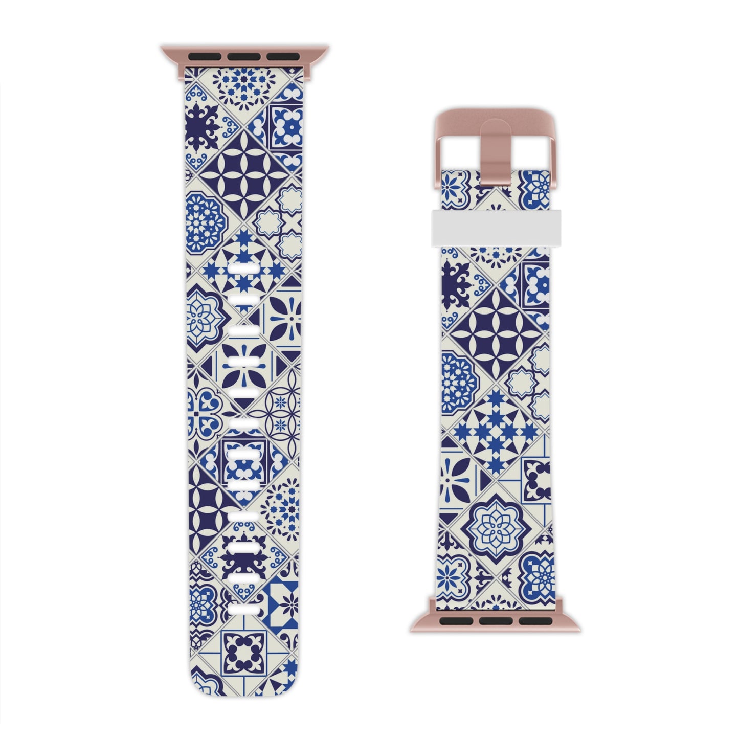 Watch band with blue and white azulejo pattern on a white background