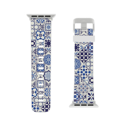 Blue and white tile patterned watch band on a white background