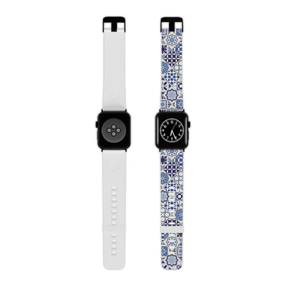 Two smartwatch bands, one white and one with blue and white portuguese tile pattern, on a white background.