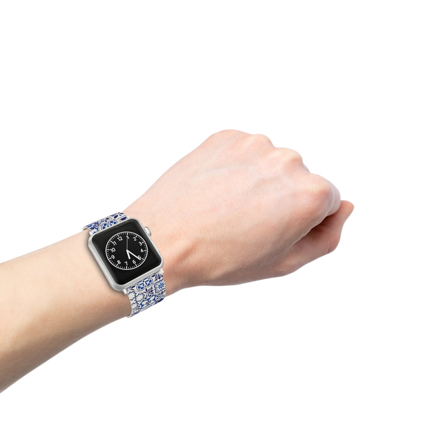 Smartwatch with a decorative blue and white azulejo band on a wrist against a white background