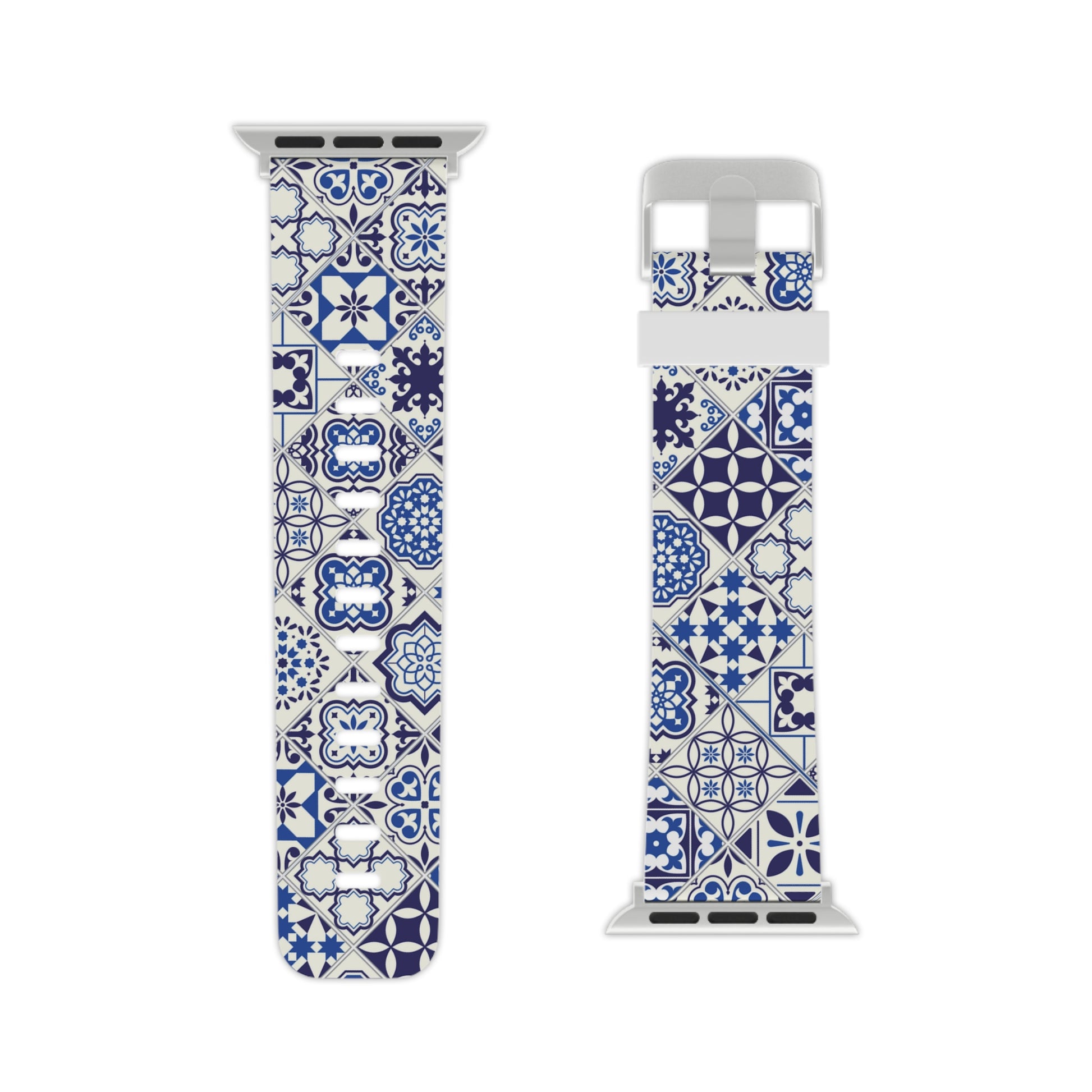 Blue and white azulejo patterned watch band on a white background