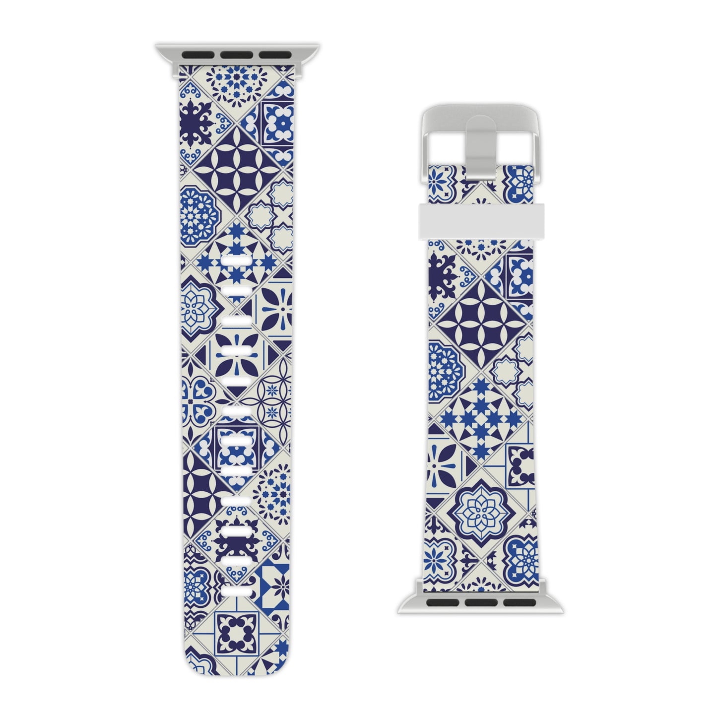 Blue and white portuguese tile patterned watch band on a white background