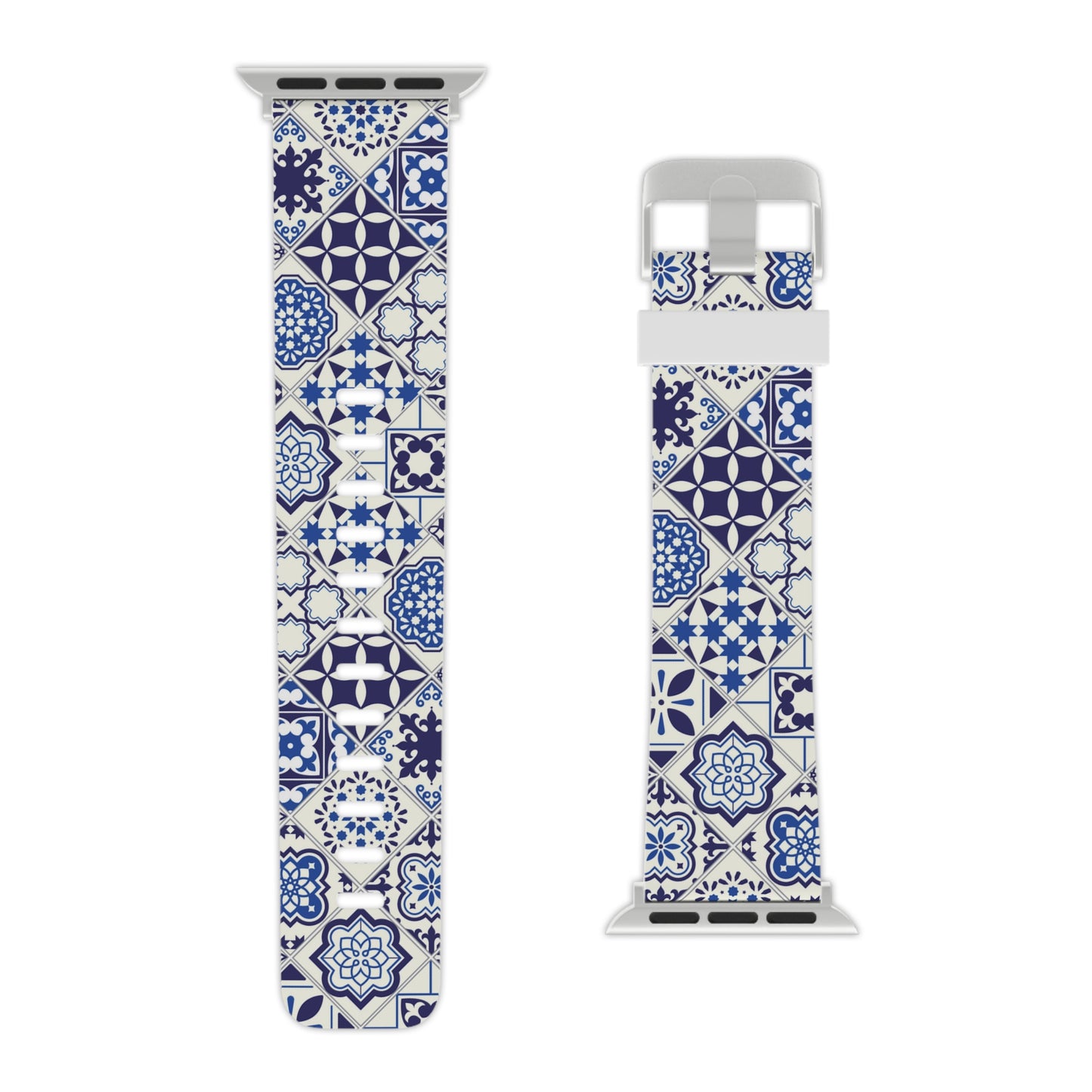 Watch band with blue and white tile pattern on a white background